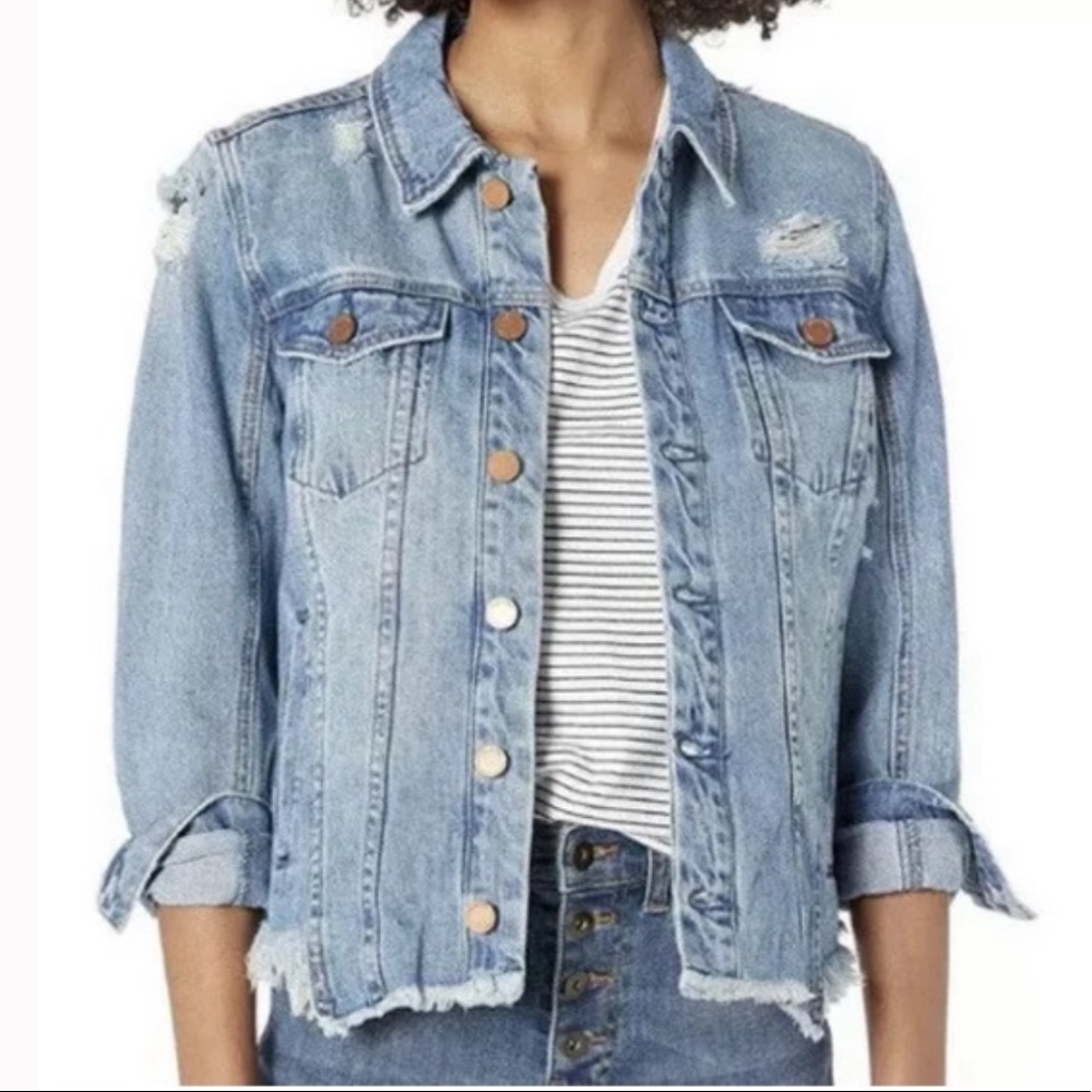 Blank NYC Distressed Frayed Sharkbite Hem Blue Denim Jacket XS
